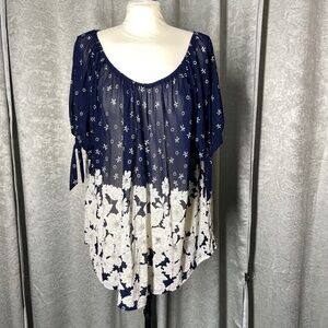 Women’s 1X Siren Lily Navy Blue/White Floral Sheer Tie Sleeve Top